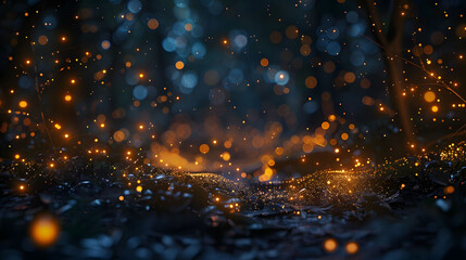 A night scene where fireflies create patterns of light, dancing in the dark.