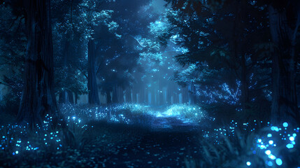 A night view of a forest where the leaves emit soft, bioluminescent light.