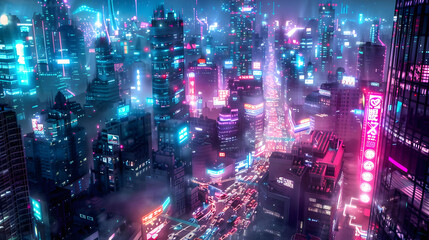 A panoramic view of a city at night, where the streets are rivers of neon light.