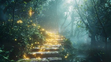 A pathway in the forest that glows, leading to an unknown, magical destination. - obrazy, fototapety, plakaty