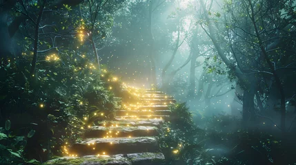 Fotobehang A pathway in the forest that glows, leading to an unknown, magical destination. © Imagination Ink