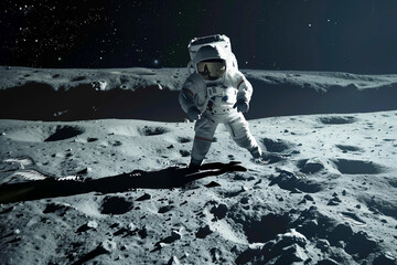 Astronaut in space suit walking on moon surface. Expedition to the moon, space exploration. Generative AI. High quality photo