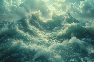 A turbulent sea roiling with crashing waves and churning foam. Concept of oceanic turmoil. Generative Ai. - obrazy, fototapety, plakaty