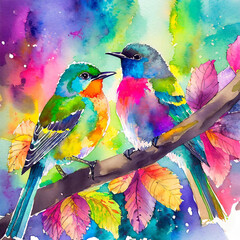 colorful birds on a branch watercolor drawing 