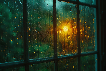 A torrential downpour of rain lashing against the window panes, blurring the view outside. Concept...