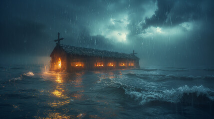 Noah's Ark amidst the pouring rain during the flood ,  Ai generated image - obrazy, fototapety, plakaty