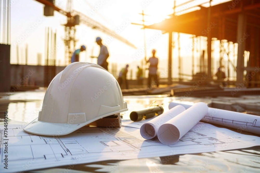 Wall mural construction helmet and blueprints on a table, in background workers discussing at a construction si