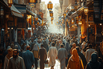 A bustling marketplace crowded with vendors and shoppers, each moving in their own direction. Concept of commercial commotion. Generative Ai. - obrazy, fototapety, plakaty