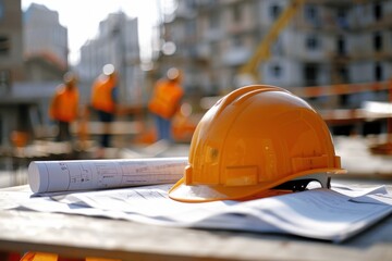 construction helmet and blueprints on a table, in background workers discussing at a construction site,