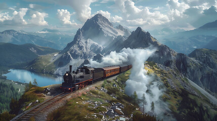 Steam locomotive chugging through mountain pass - obrazy, fototapety, plakaty