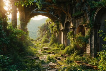 A city in the future covered in greenery, forest and trees filled the Megopolis , Abandoned , Empty streets, overgrown, alternative,