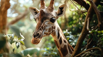 Obraz premium Close up of giraffe's head and neck with its long, smooth visible in soft sunlight filtering through dense foliage, focus on the face.