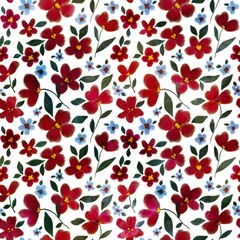 Abstract Digital Paint Watercolor Mix Ditsy Flowers and Leaves Seamless Pattern Isolated Background