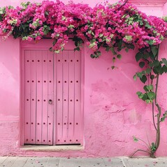 A Pink Building With A Pink Door And  Flowers 