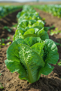 A row of green lettuce plants are growing in a field