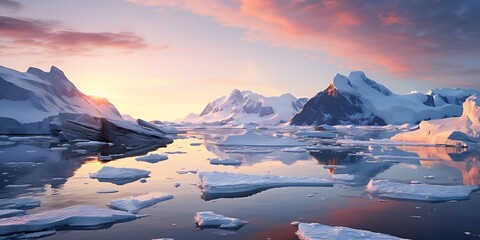 Icebergs floating on the water at sunset. 3d rendering - obrazy, fototapety, plakaty