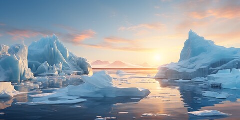 Icebergs floating on the water at sunset. 3d rendering