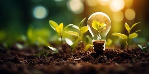 Light bulb with green plant growing out of soil. Ecology concept. - obrazy, fototapety, plakaty