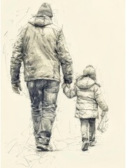 drawing line about father and daugther checkhand and walk togather - generative ai
