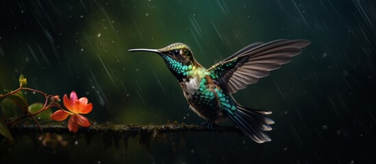 Fototapeta premium Tiny colorful hummingbird bird rests calmly on a soaked tree branch during a gentle rainfall in a natural setting