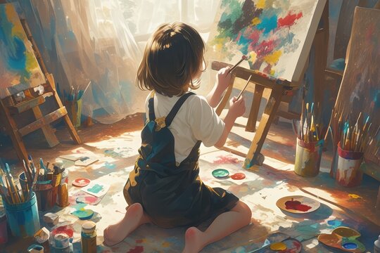 A young girl painting on the floor with paint and colorful paints, wearing an apron, sitting in front of her canvas. She is holding brushes or palette knife to create vibrant colors. 