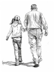 Fototapeta na wymiar drawing line about father and daugther checkhand and walk togather - generative ai