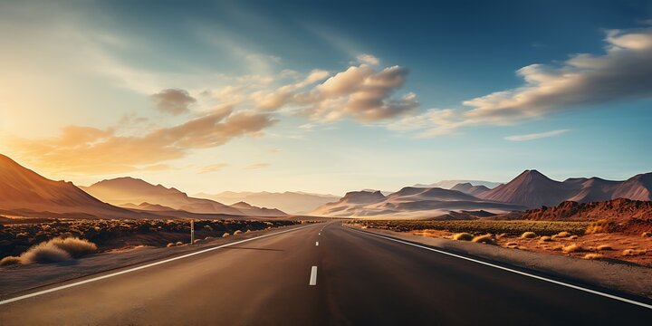 Empty road in the desert with mountains in the background and blue sky