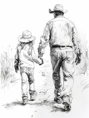 drawing line about father and daugther checkhand and walk togather - generative ai