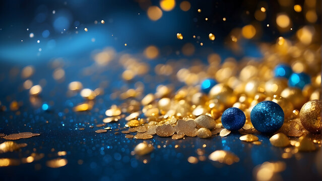 A festive and luxurious image featuring golden glitters and blue Christmas ornaments against a dark backdrop