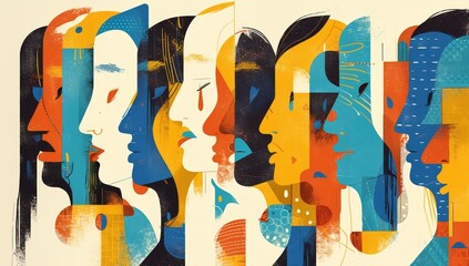 An abstract representation of different faces in various colors, symbolizing diversity and unity among people from diverse backgrounds.