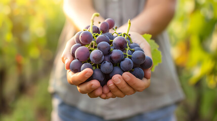 a person holding a bunch of ripe, dark purple grapes in their hands.