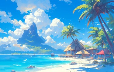 Anime style beach with palm trees and thatched huts, tropical island in the background