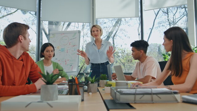 Diverse people corporate training at office pov view. Group teleconference event