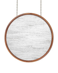 Wooden empty dirty sign hanging on iron chains. Round frame with white wooden surface. Signboard...
