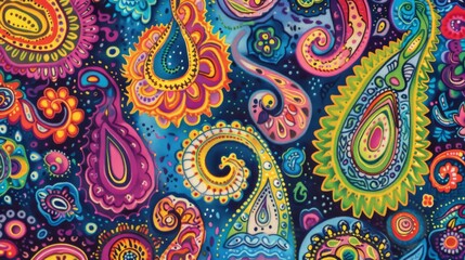 Vibrant classic paisley infused with 60s inspired psychedelic twists filled with symbols of peace love and spirituality, colors are bold yet harmonious created with Generative AI Technology - obrazy, fototapety, plakaty