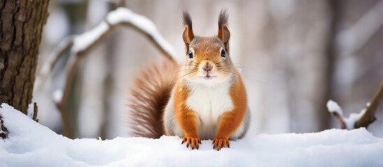 A playful squirrel with a bushy tail is standing on a snowy hill, surrounded by a winter landscape