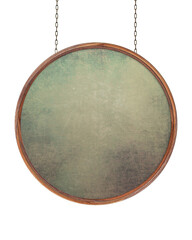 Wooden blank dirty sign hangs on iron chains. Round frame with a grunge painted surface. Signboard...