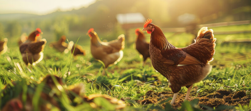 Golden hour glow bathes a proud rooster and hens in a serene farmyard setting.