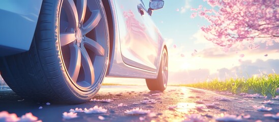 Car wheel with spring flowers in the background. The spring season concept features a car's summer tires and modern luxury wheels 
