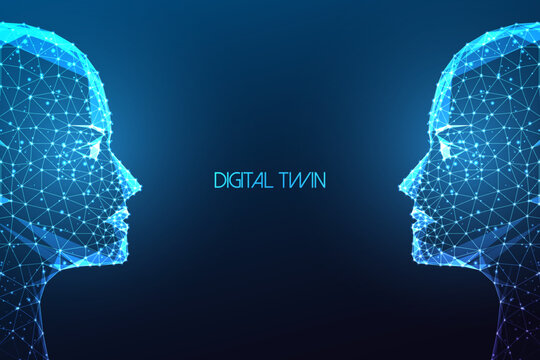 Digital twins, artificial intelligence futuristic concept with two identical faces facing each other