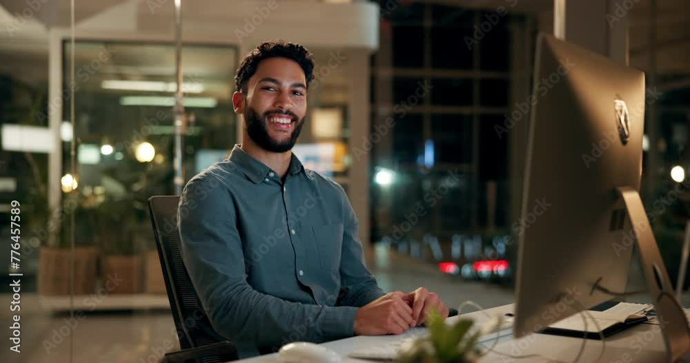 Aufkleber man, working and typing on computer in night, businessman answer emails or overtime for deadline. ha