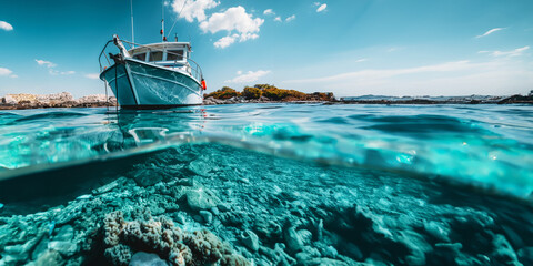 Split view of boat above and vibrant coral reef below water. Panoramic image with copy space.