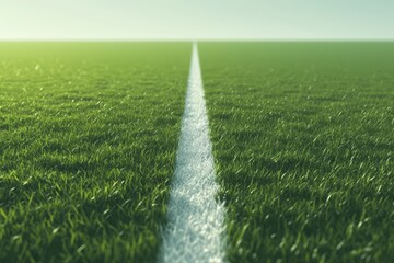 Close up of a white chalk line on a green grass field in a stadium with a spotlight