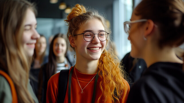 A cheerful young woman with glasses is smiling broadly as she enjoys a convivial moment with friends. The group is casually dressed and engaged in an informal social event - Generative AI