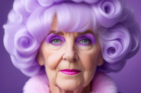 portrait of old woman with purple make up and hair artistically styled against purple background. concepts: artistic expression, creative hairstyles, unusual old people, bright old age, fashion trends