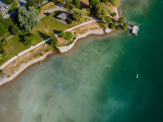 Aerial photo Lake Orta, the shore of the lake from above.