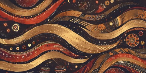 Illustration in the style of traditional aboriginal dot painting, featuring dark brown and beige colors on a black background. 