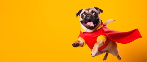 cute pug superhero flying on a yellow background