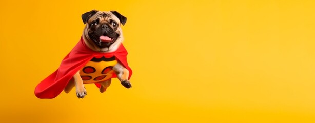 cute pug superhero flying on a yellow background