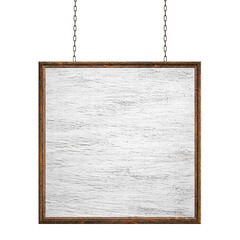 Wooden empty dirty sign hanging on iron chains. Square frame with white wooden surface. Signboard...